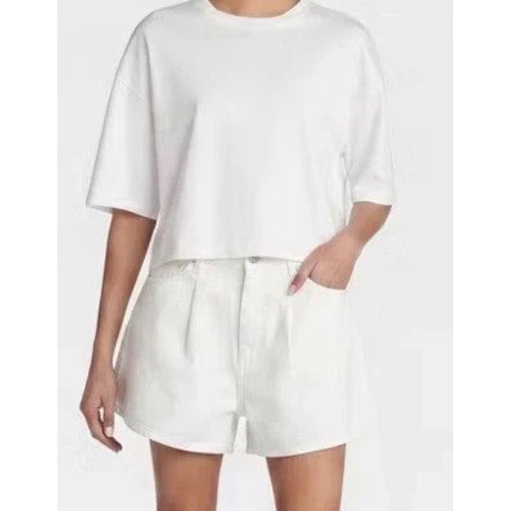 KBB by Kahlana Barfield Brown White Pleated High Rise Denim Shorts 00 NWT